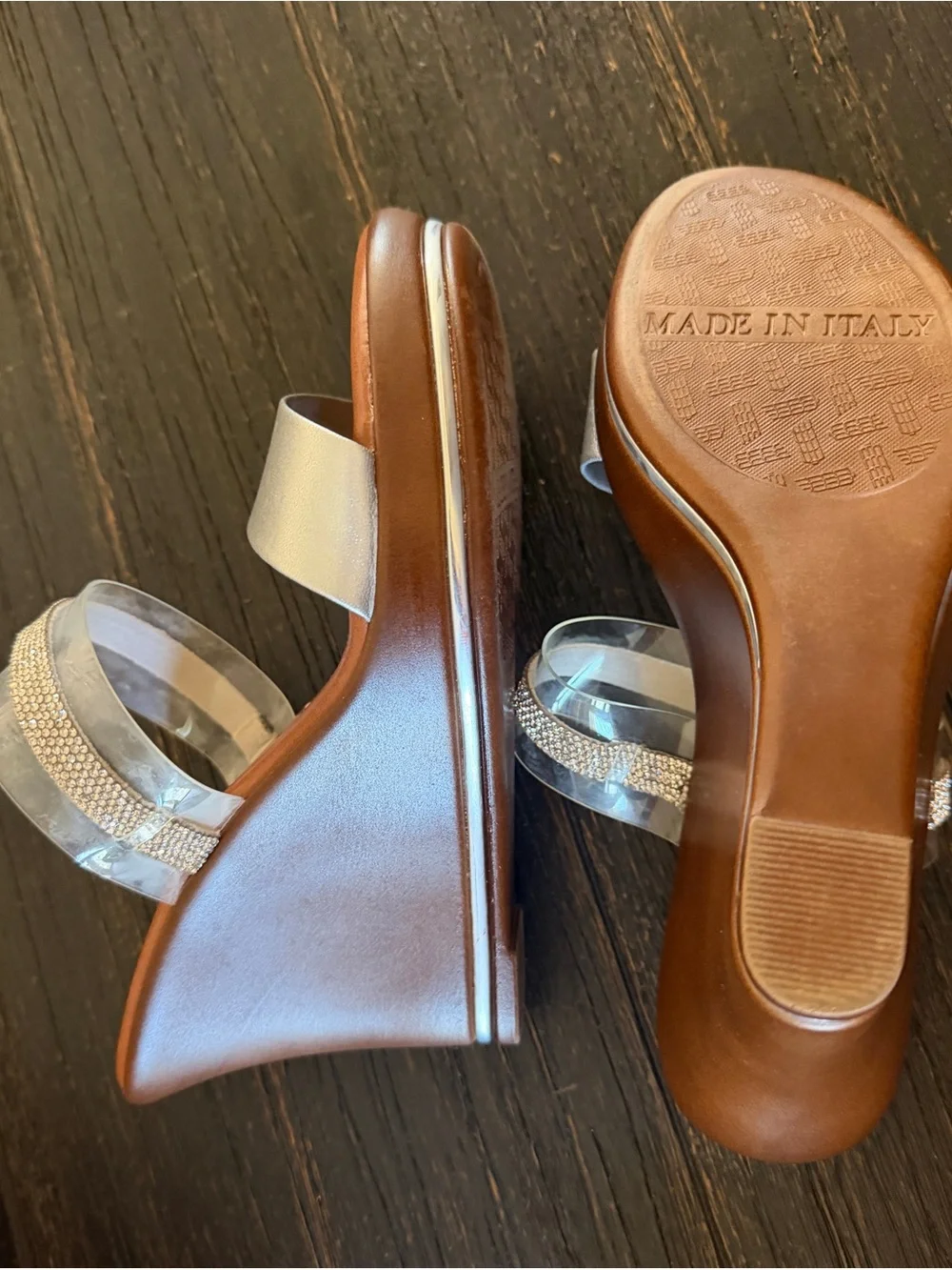 Clarks Brown Wedge Sandals with Silver and Clear Rhinestone Straps